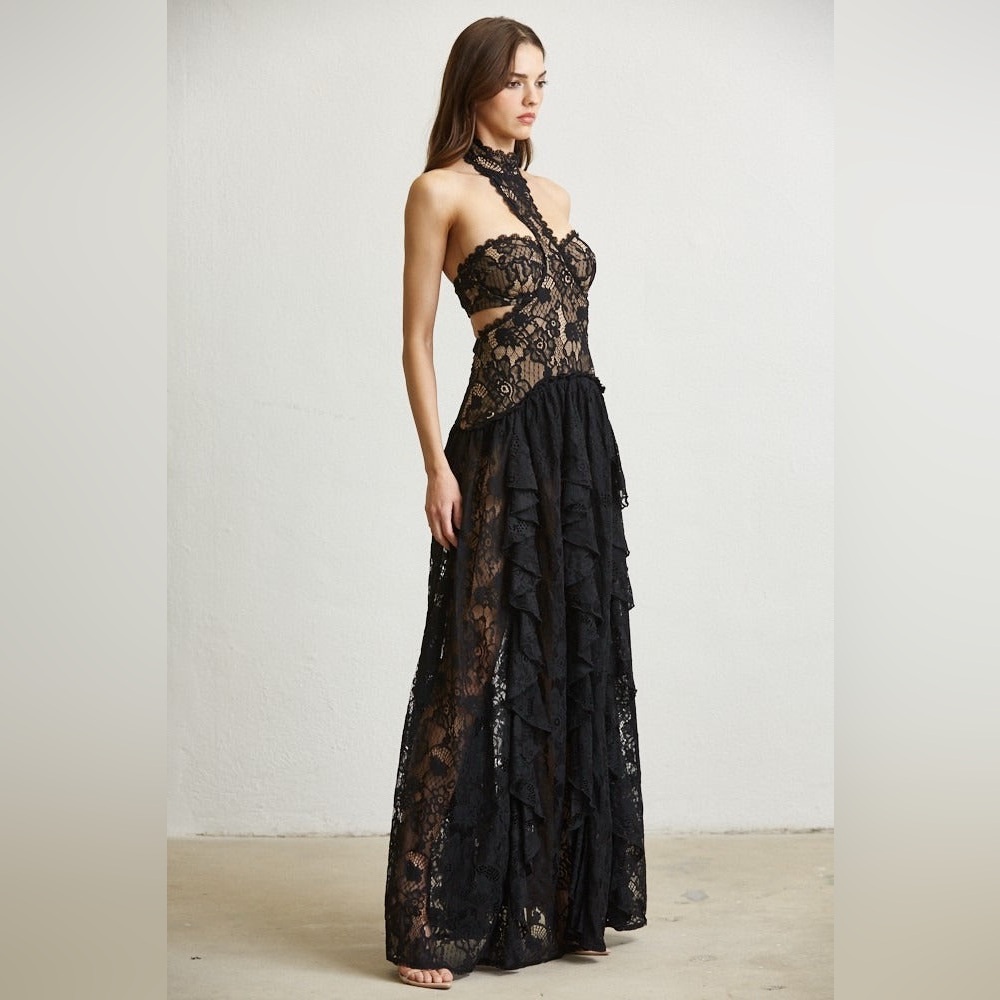 Lace Ruffle Drop Waist Maxi Dress with Cutouts - BLITHE - Picture 2 of 3
